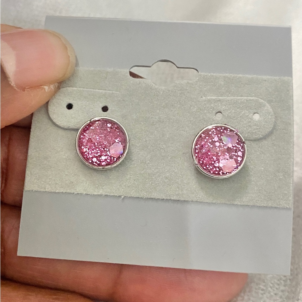Silvertone 8mm Sparkling Pink Resin Glitter Earring Studs